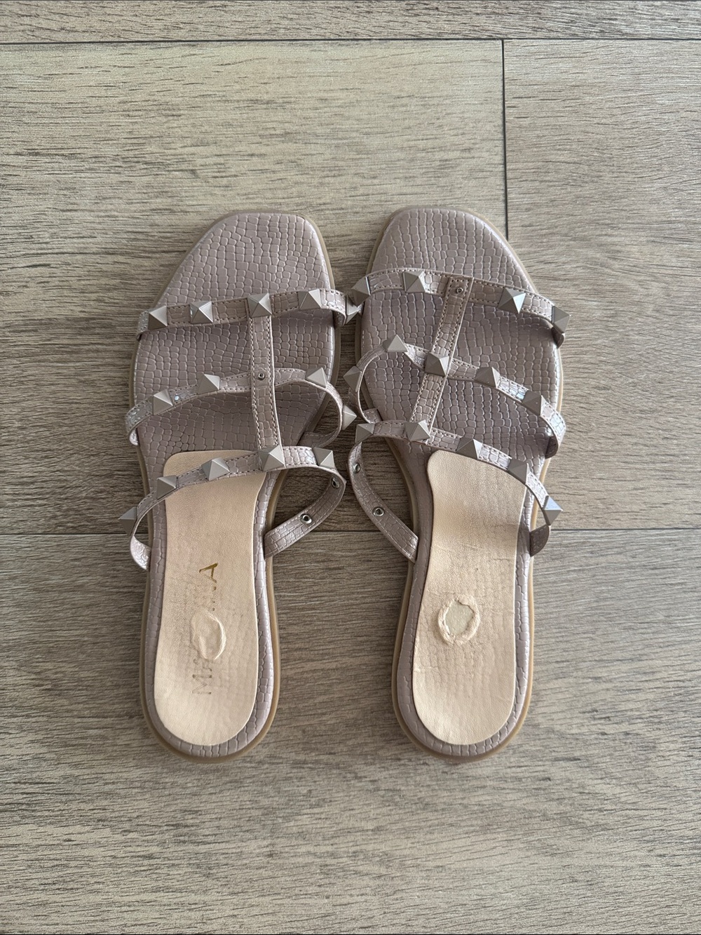 Stud-Trim Taupe Slide Sandals for Women
